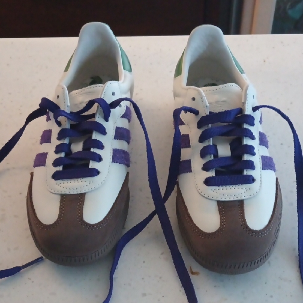 White and Brown Sneakers with Blue Stripes